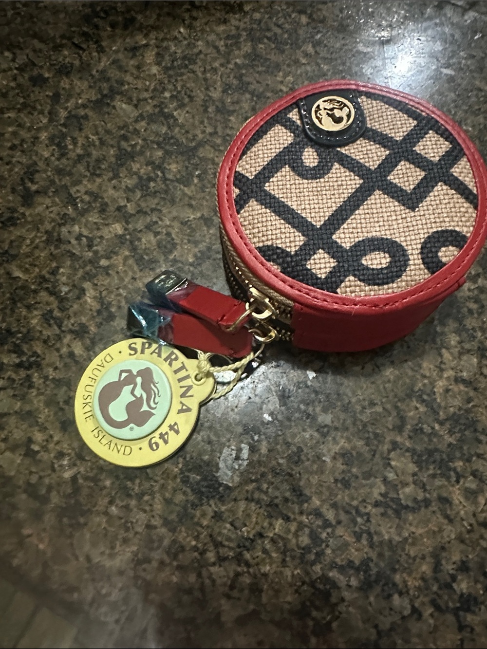 Spartina 449 Red Trim Round Card & Coin Holder with Patterned Fabric